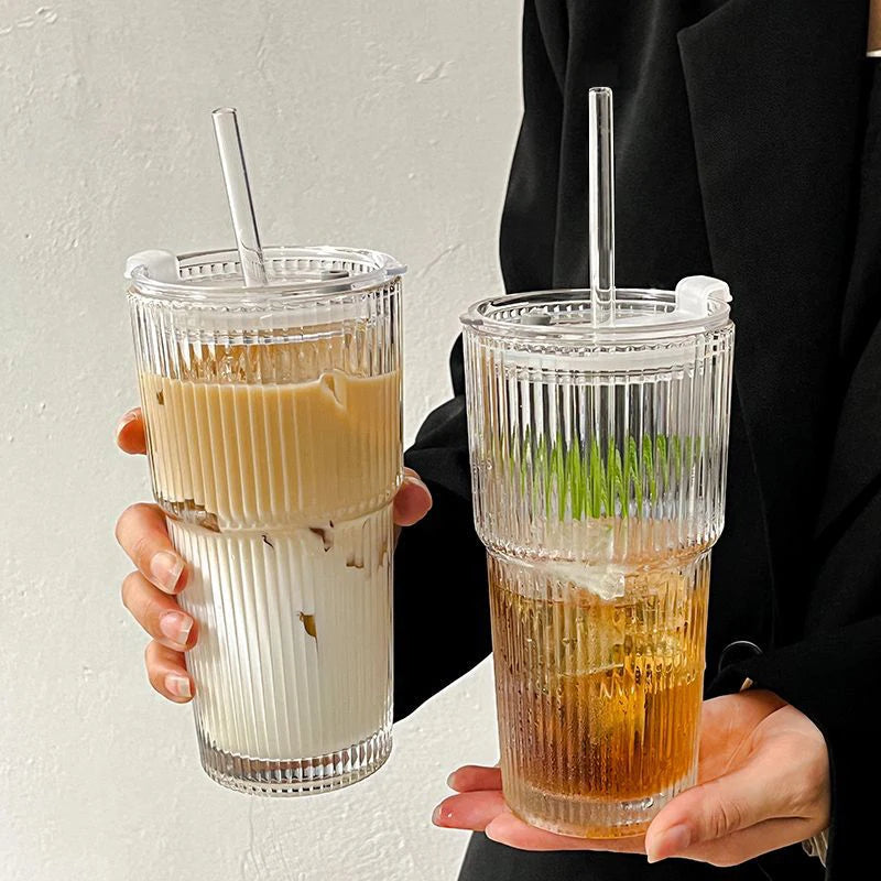 Matcha Glass Cup with Lid and Straw