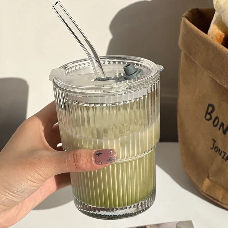 Matcha Glass Cup with Lid and Straw
