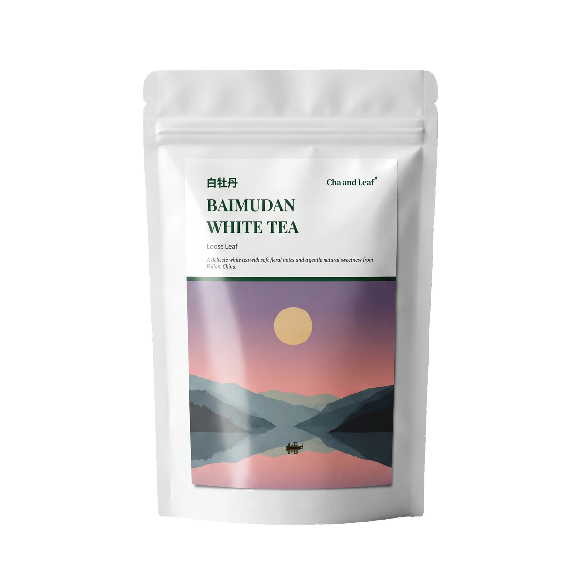 Bai Mu Dan white tea pouch from Cha and Leaf, 50g of loose leaf from Fuding, Fujian