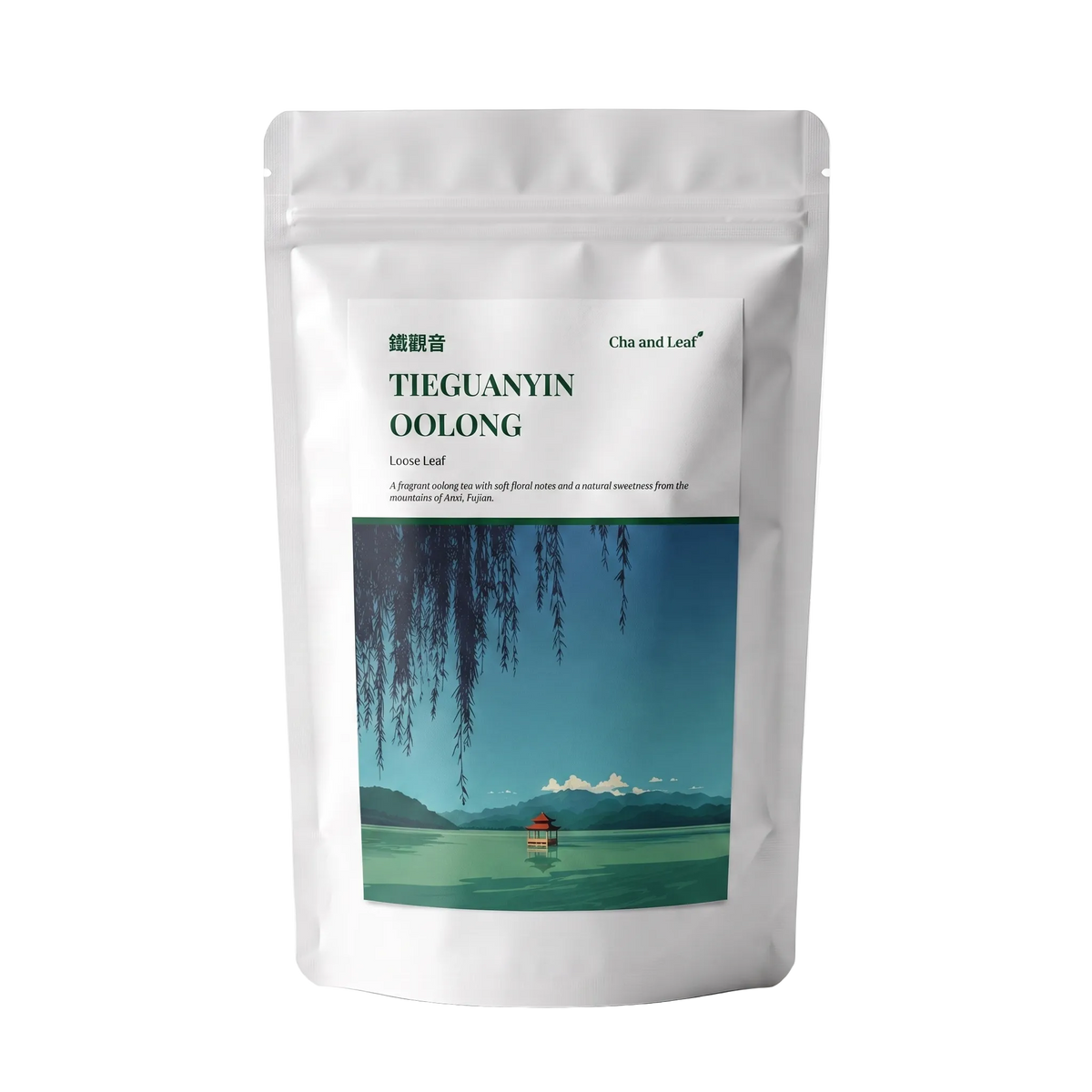 Tieguanyin oolong tea pouch from Cha and Leaf, 50g of loose leaf from Anxi, Fujian
