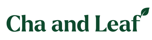 Logo of Cha and Leaf with green text on a white background