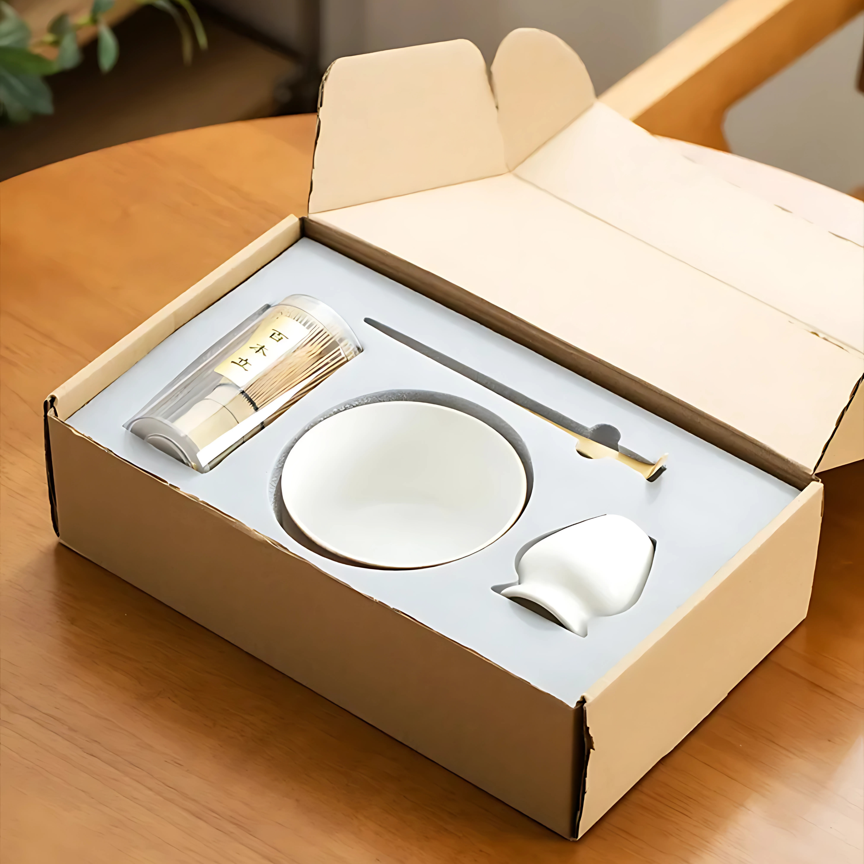 Matcha tea gift set neatly packed in a box with bamboo whisk ceramic bowl scoop and whisk holder