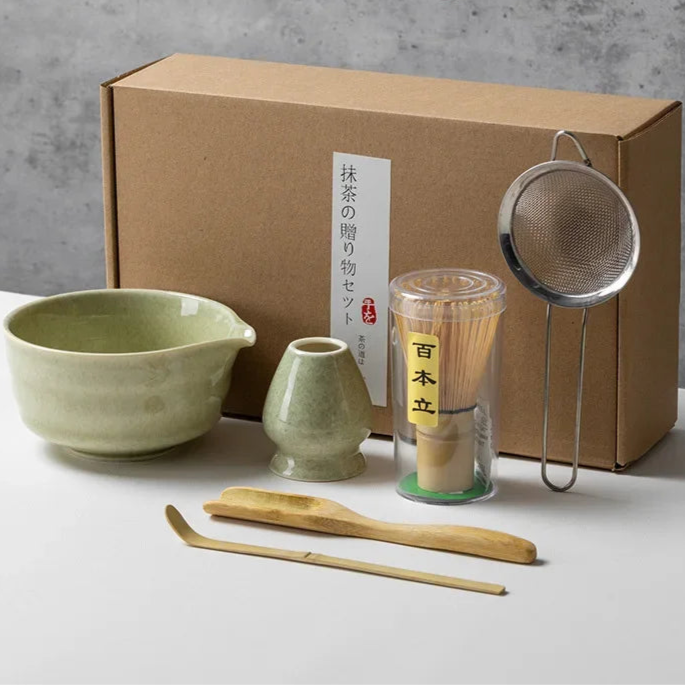 Matcha green tea set with box on a gray background