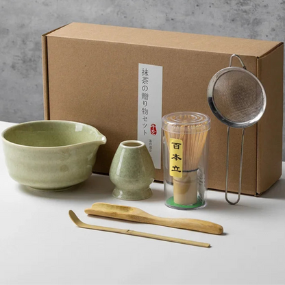 Matcha green tea set with box on a gray background