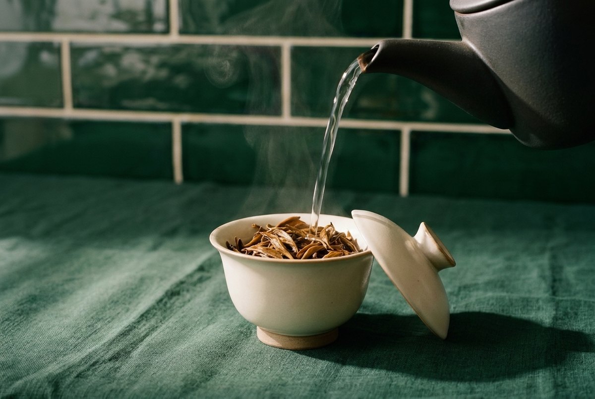 Water at 90°C poured into a gaiwan of loose leaf